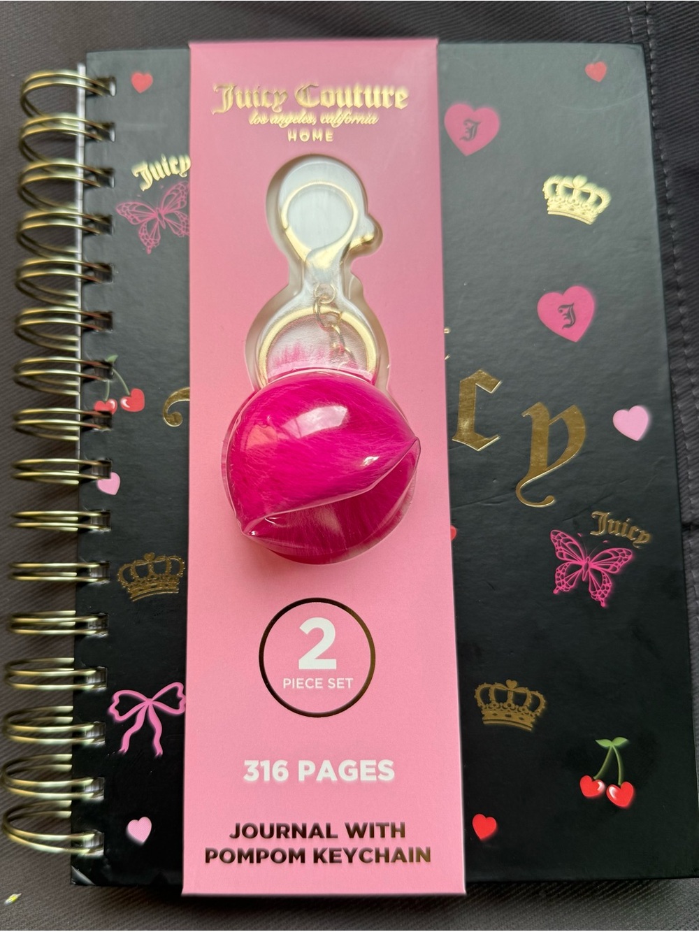 Juicy Couture Hot Pink Pompom Keychain Journal Set